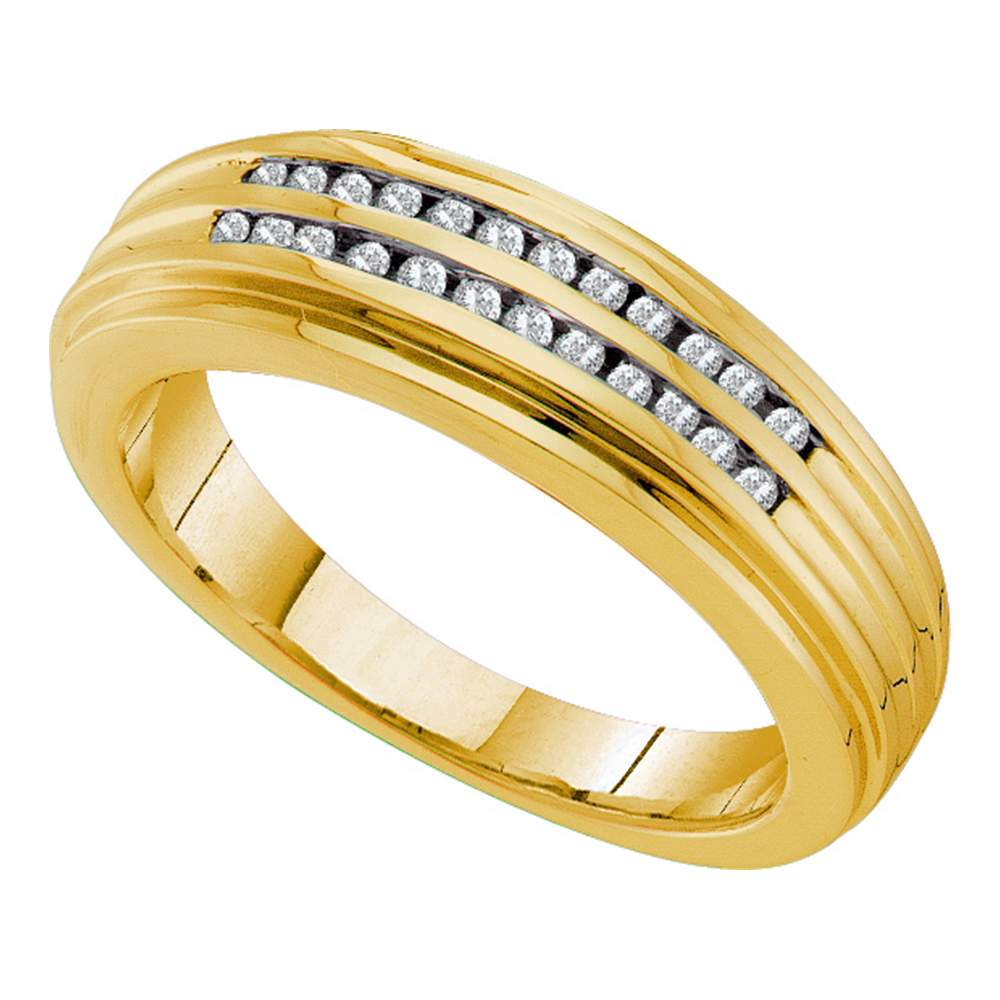 14kt Yellow Gold Mens Round Diamond Double Row Ridged Band Ring 1/5 Cttw