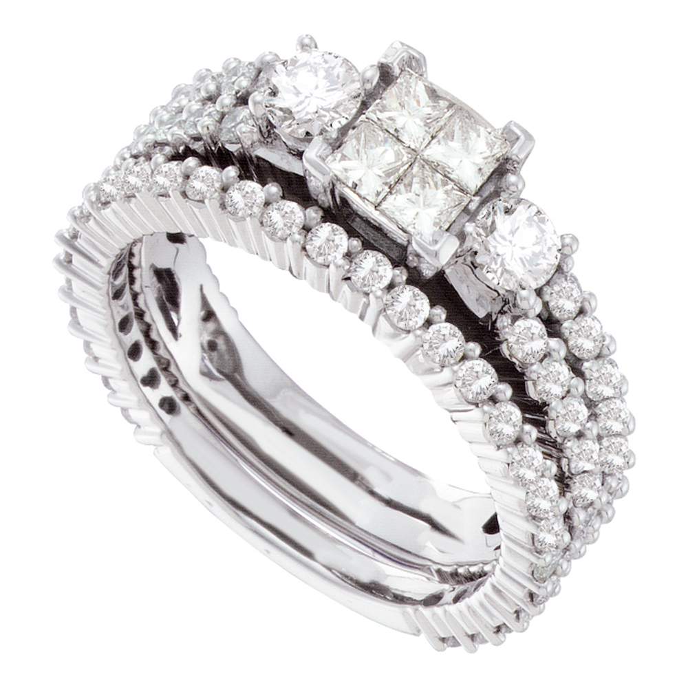 14kt White Gold Womens Princess Diamond Cluster Bridal Wedding Engagement Ring Band Set 2.00 Cttw