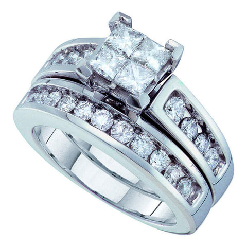14kt White Gold Womens Princess Diamond Bridal Wedding Engagement Ring Band Set 1-1/2 Cttw