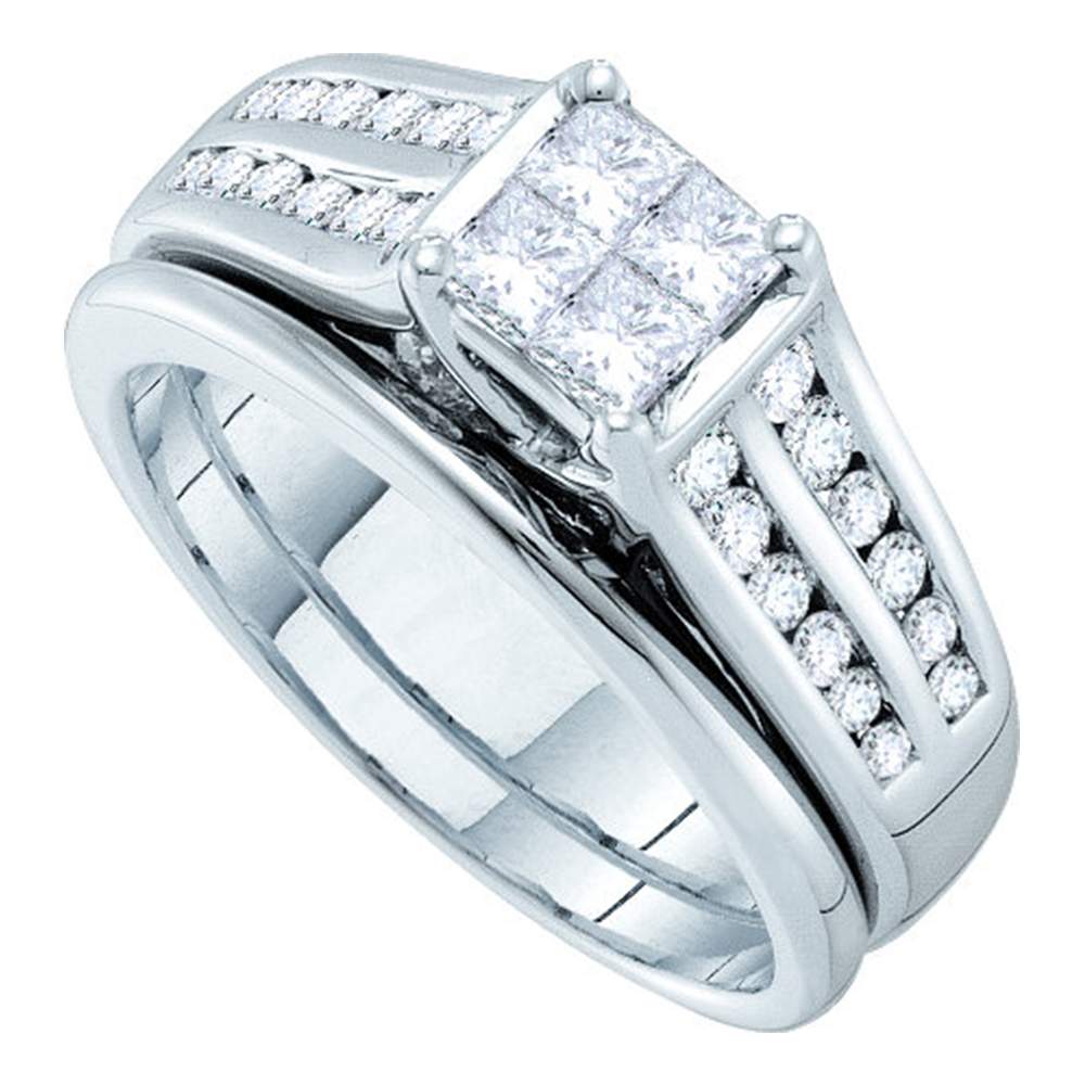 14kt White Gold Womens Princess Diamond Bridal Wedding Engagement Ring Band Set 1.00 Cttw