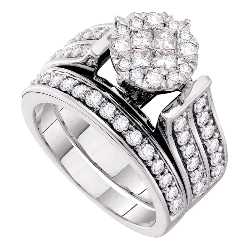 14kt White Gold Womens Princess Diamond Bridal Wedding Engagement Ring Band Set 1-1/3 Cttw