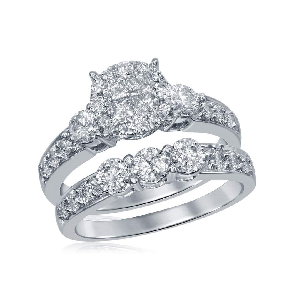 14kt White Gold Womens Princess Diamond Bridal Wedding Engagement Ring Band Set 1-1/2 Cttw