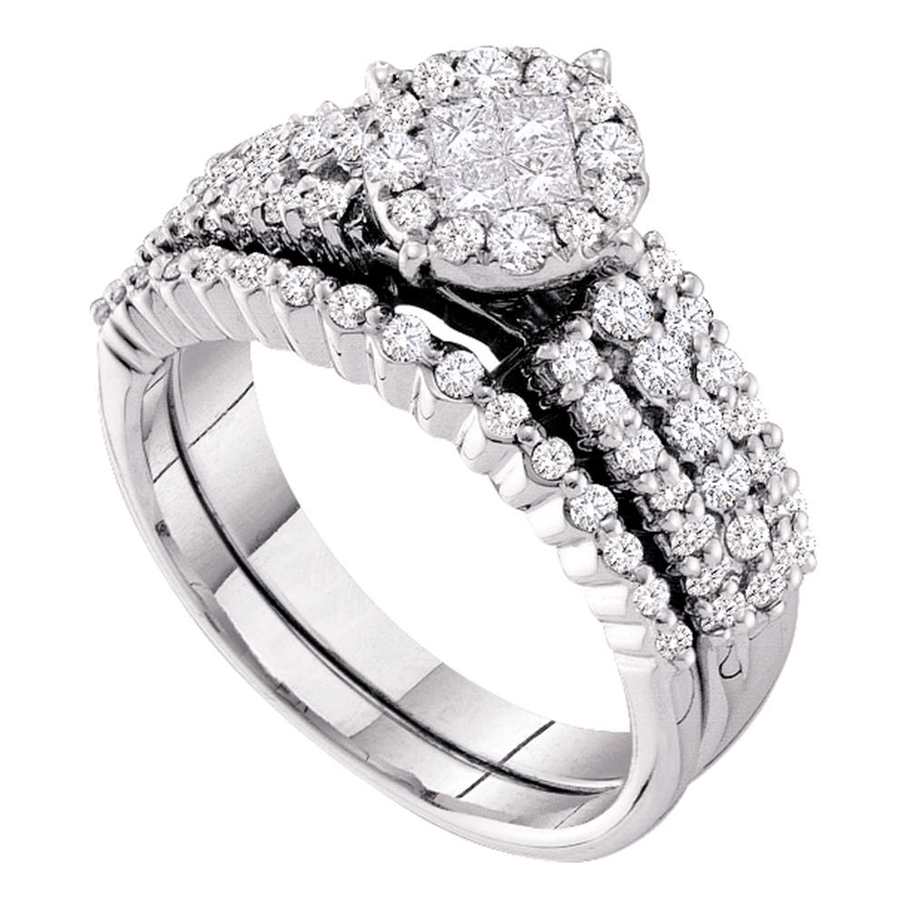 14kt White Gold Womens Princess Diamond Soleil Bridal Wedding Engagement Ring Band Set 1-1/5 Cttw