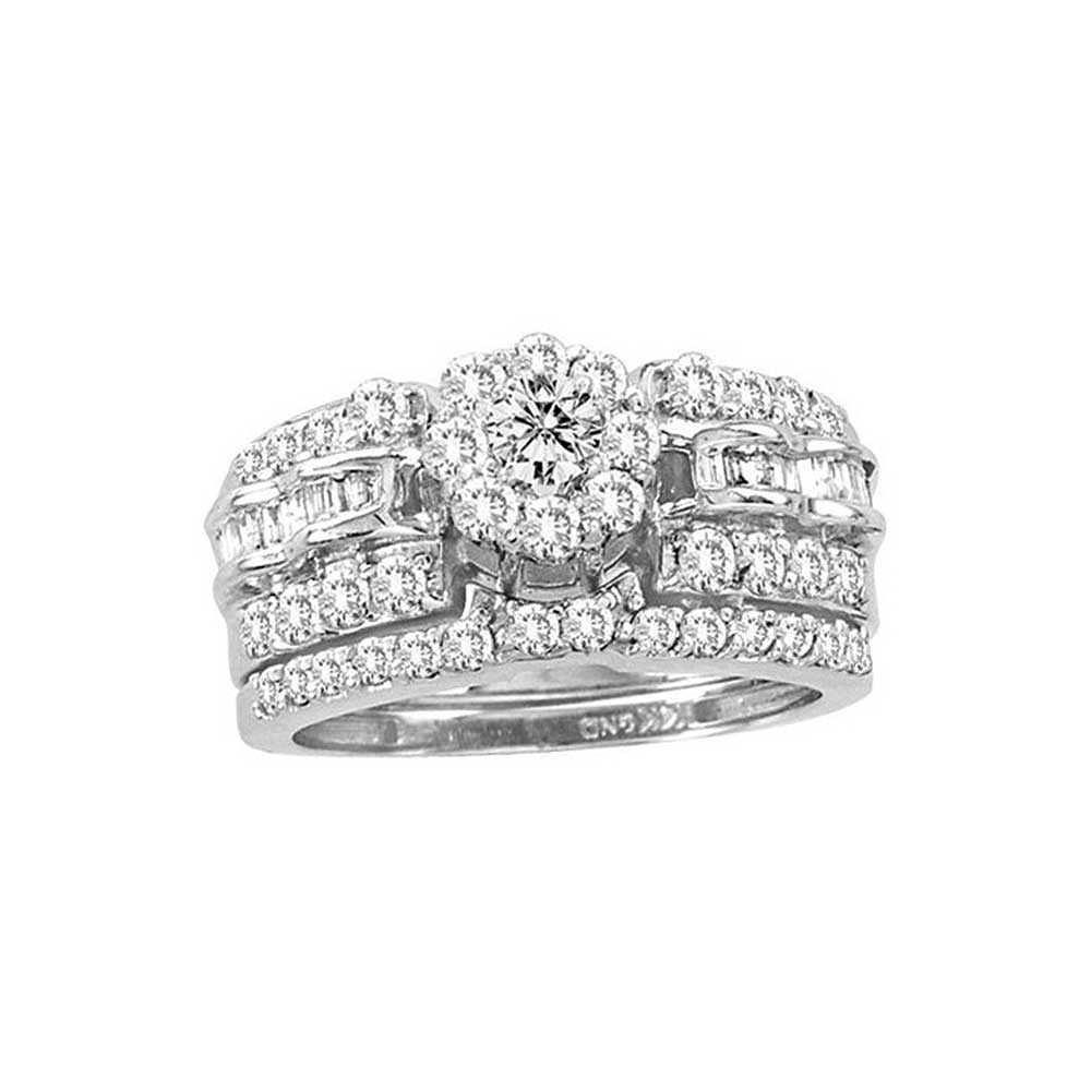 14kt White Gold Womens Round Diamond Cluster Bridal Wedding Engagement Ring Band Set 1-3/8 Cttw