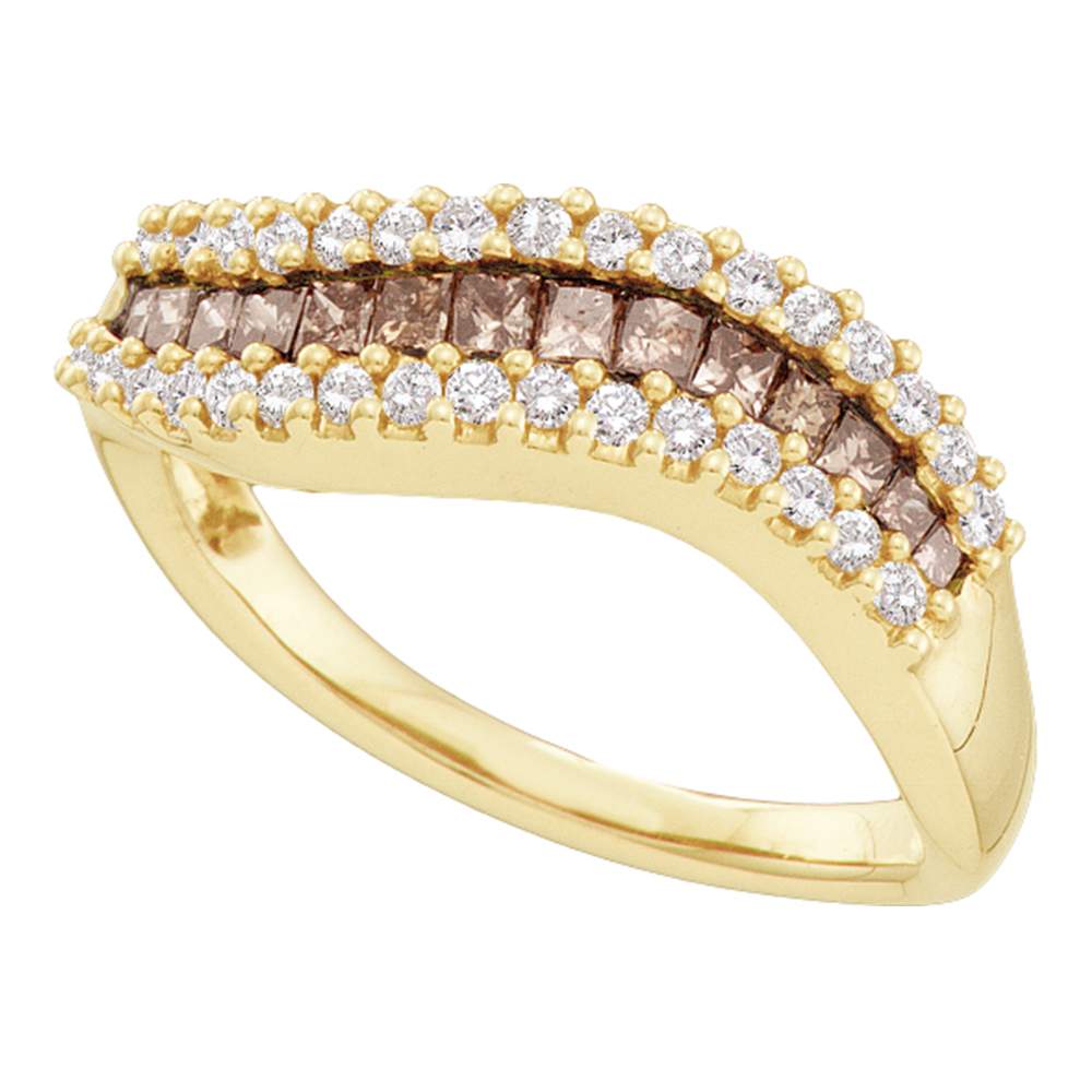 14kt Yellow Gold Womens Princess Cognac-brown Color Enhanced Diamond Contoured Band Ring 5/8 Cttw