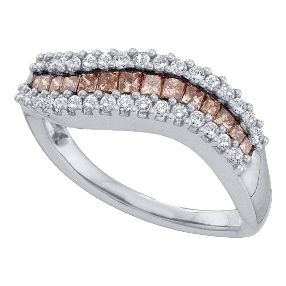 14kt White Gold Womens Princess Cognac-brown Color Enhanced Diamond Curved Band Ring 5/8 Cttw