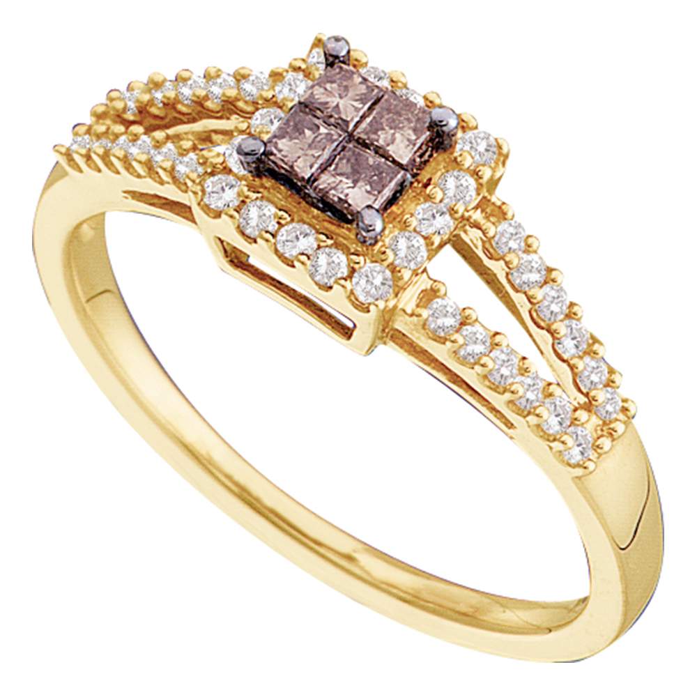 14kt Yellow Gold Womens Princess Cognac-brown Color Enhanced Diamond Split-shank Cluster Ring 1/3 Cttw