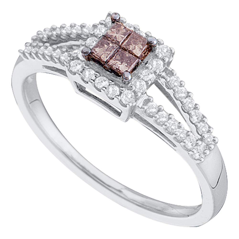 14kt White Gold Womens Princess Cognac-brown Color Enhanced Diamond Split-shank Cluster Ring 1/3 Cttw