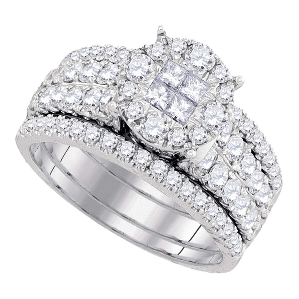 14kt White Gold Womens Princess Diamond Soleil Bridal Wedding Engagement Ring Band Set 1-1/2 Cttw