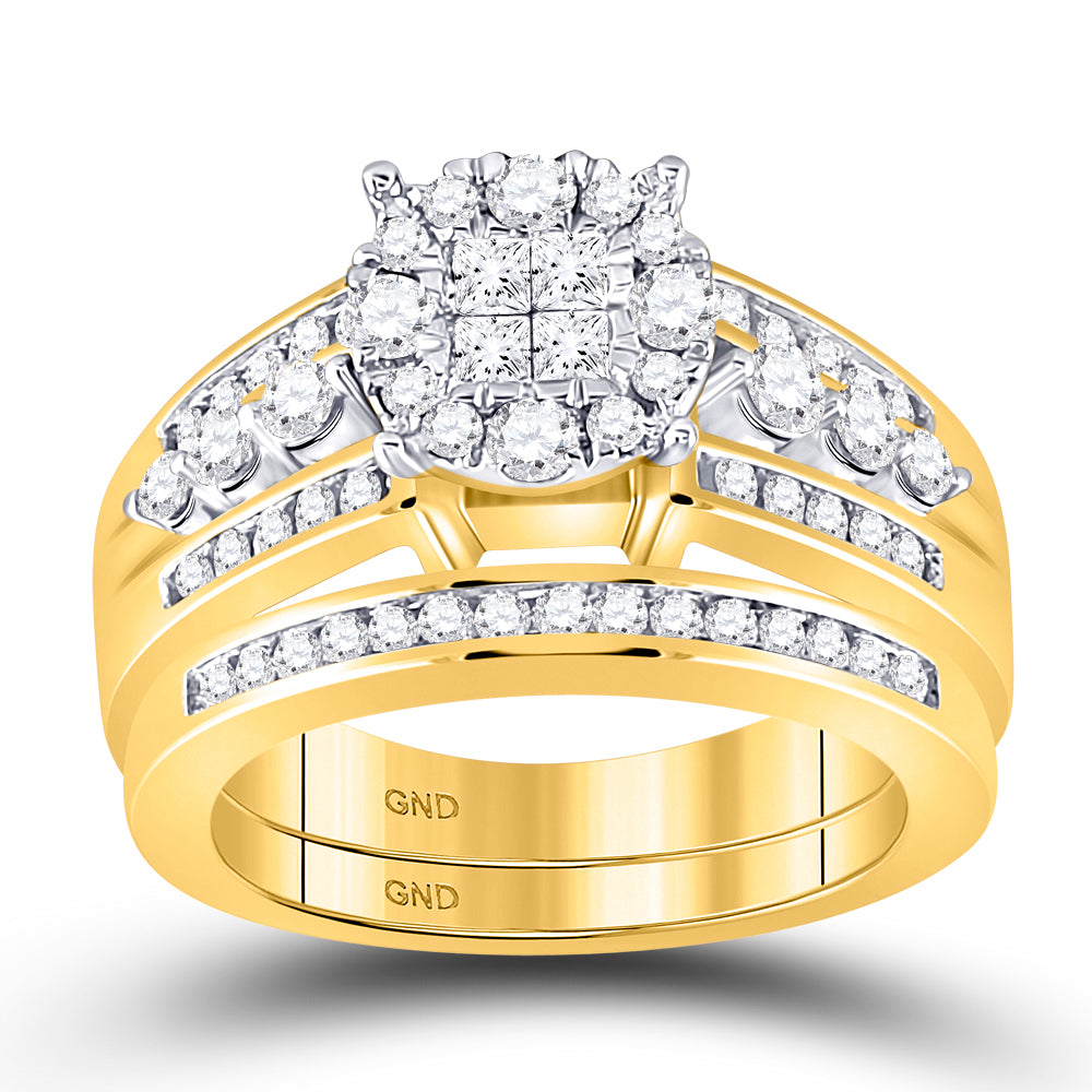 14kt Yellow Gold Womens Princess Diamond Bridal Wedding Engagement Ring Band Set 1-1/8 Cttw
