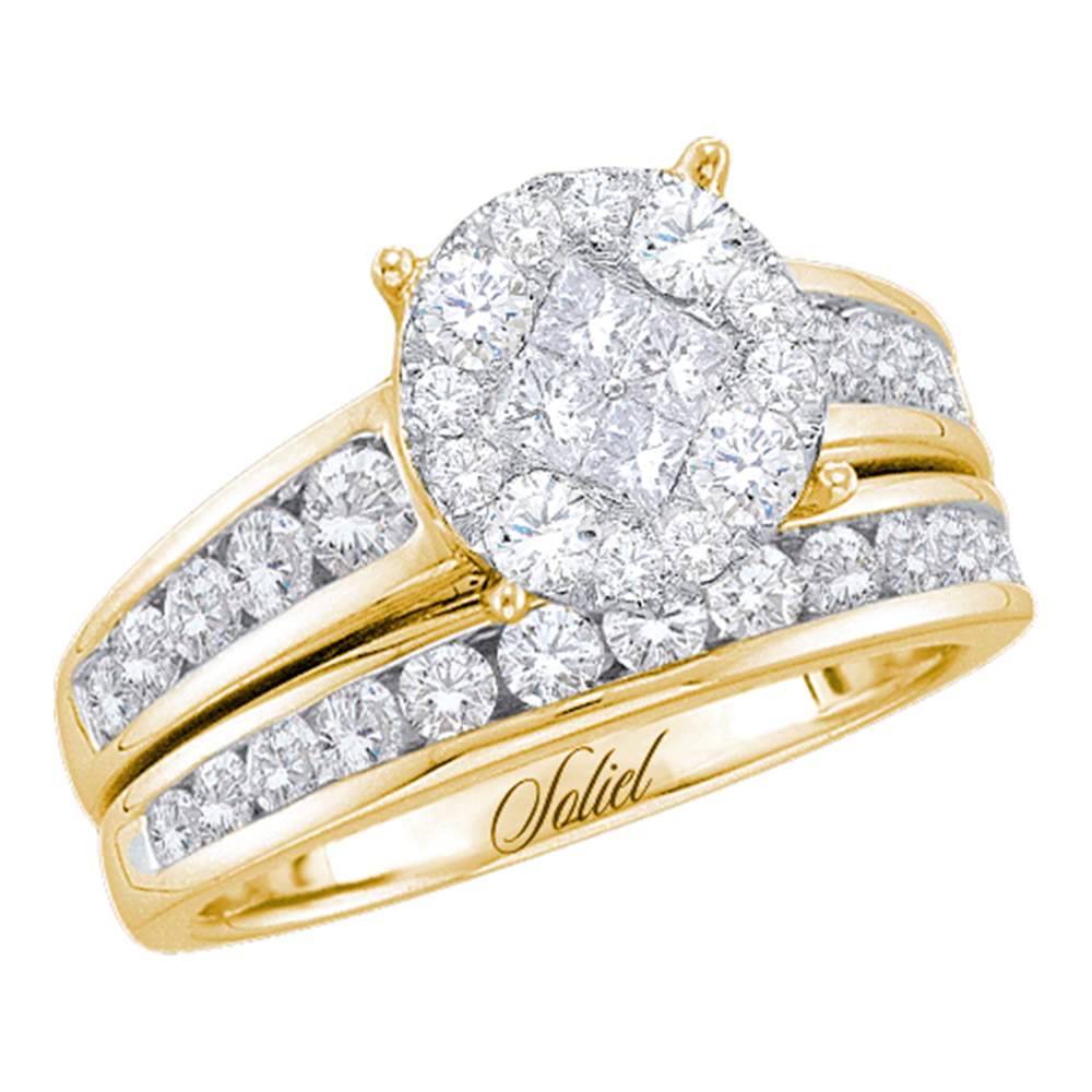 14kt Yellow Gold Womens Diamond Cluster Soleil Bridal Wedding Engagement Ring Band Set 1-3/8 Cttw