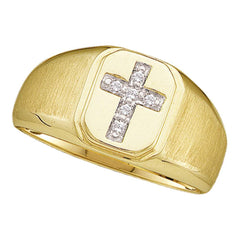 14kt yellow gold mens round diamond brushed christian cross band ring 1/20 cttw49756