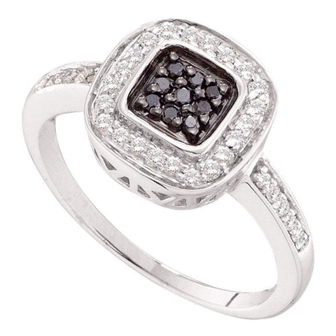 14kt White Gold Womens Round Black Color Enhanced Diamond Square Cluster Ring 1/4 Cttw