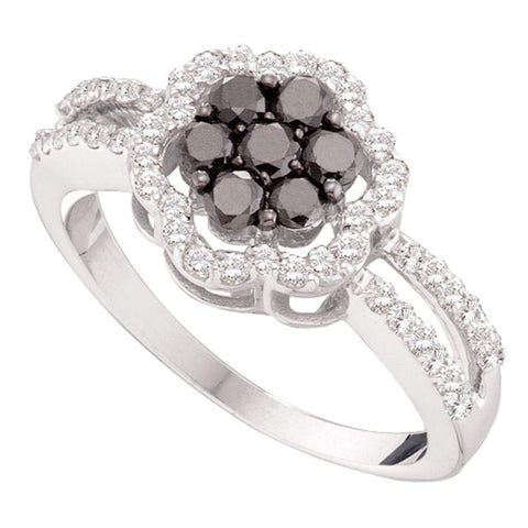 14kt White Gold Womens Round Black Color Enhanced Diamond Flower Cluster Ring 3/4 Cttw