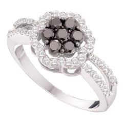 14kt white gold womens round black color enhanced diamond flower cluster ring 3/4 cttw51714