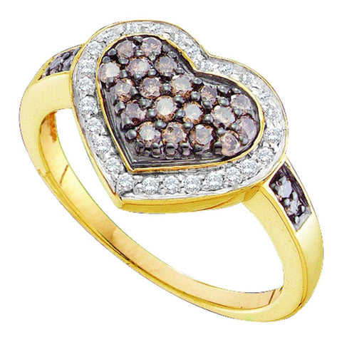 14kt Yellow Gold Womens Round Cognac-brown Color Enhanced Diamond Framed Heart Cluster Ring 1/2 Cttw