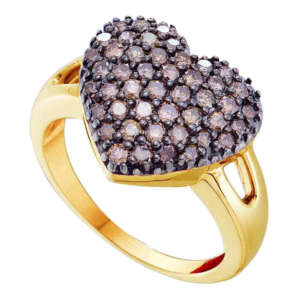 14kt Yellow Gold Womens Round Cognac-brown Color Enhanced Diamond Heart Cluster Ring 1.00 Cttw