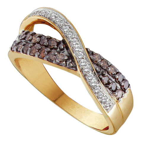 14kt Yellow Gold Womens Round Cognac-brown Color Enhanced Diamond Crossover Band Ring 1/2 Cttw