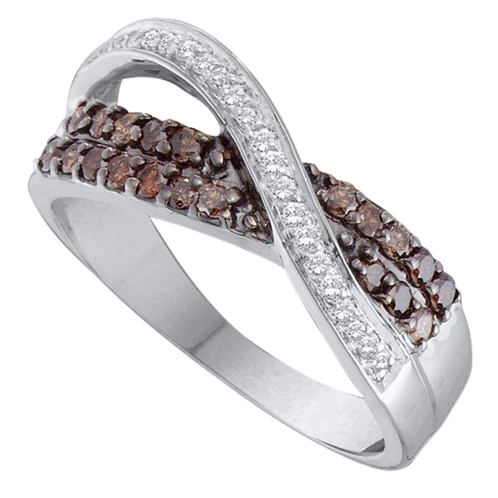 14kt White Gold Womens Round Cognac-brown Color Enhanced Diamond Crossover Band Ring 1/2 Cttw
