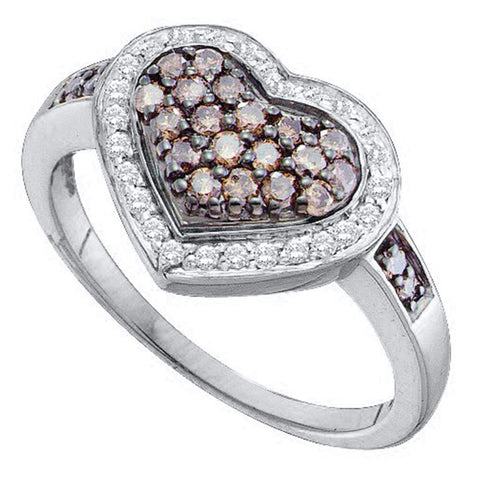14kt White Gold Womens Round Cognac-brown Color Enhanced Diamond Framed Heart Cluster Ring 1/2 Cttw