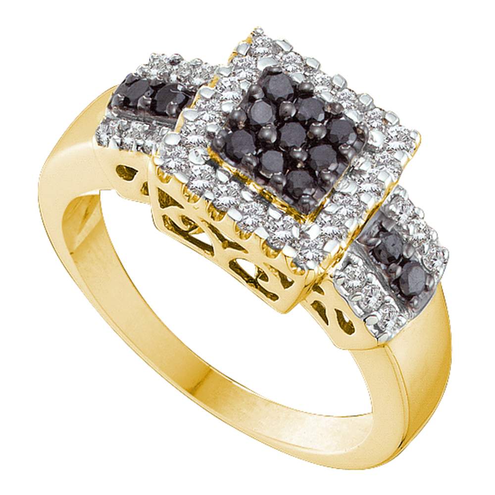 14kt Yellow Gold Womens Round Black Color Enhanced Diamond Square Cluster Ring 1/2 Cttw