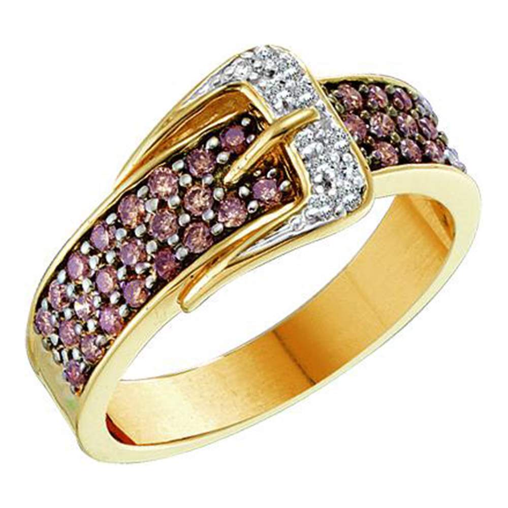 14kt Yellow Gold Womens Round Cognac-brown Color Enhanced Diamond Belt Buckle Band Ring 1/2 Cttw