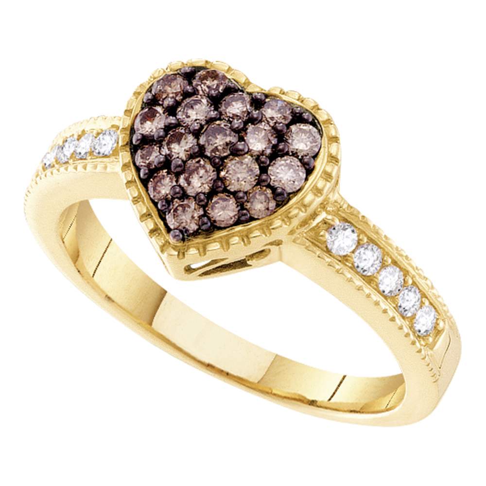 14kt Yellow Gold Womens Round Cognac-brown Color Enhanced Diamond Heart Cluster Ring 3/8 Cttw