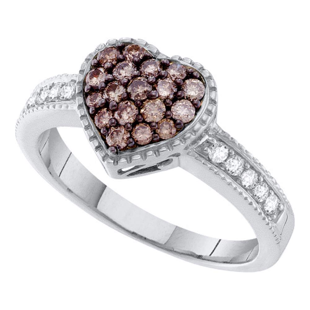 14kt White Gold Womens Round Cognac-brown Color Enhanced Diamond Heart Cluster Ring 1/2 Cttw