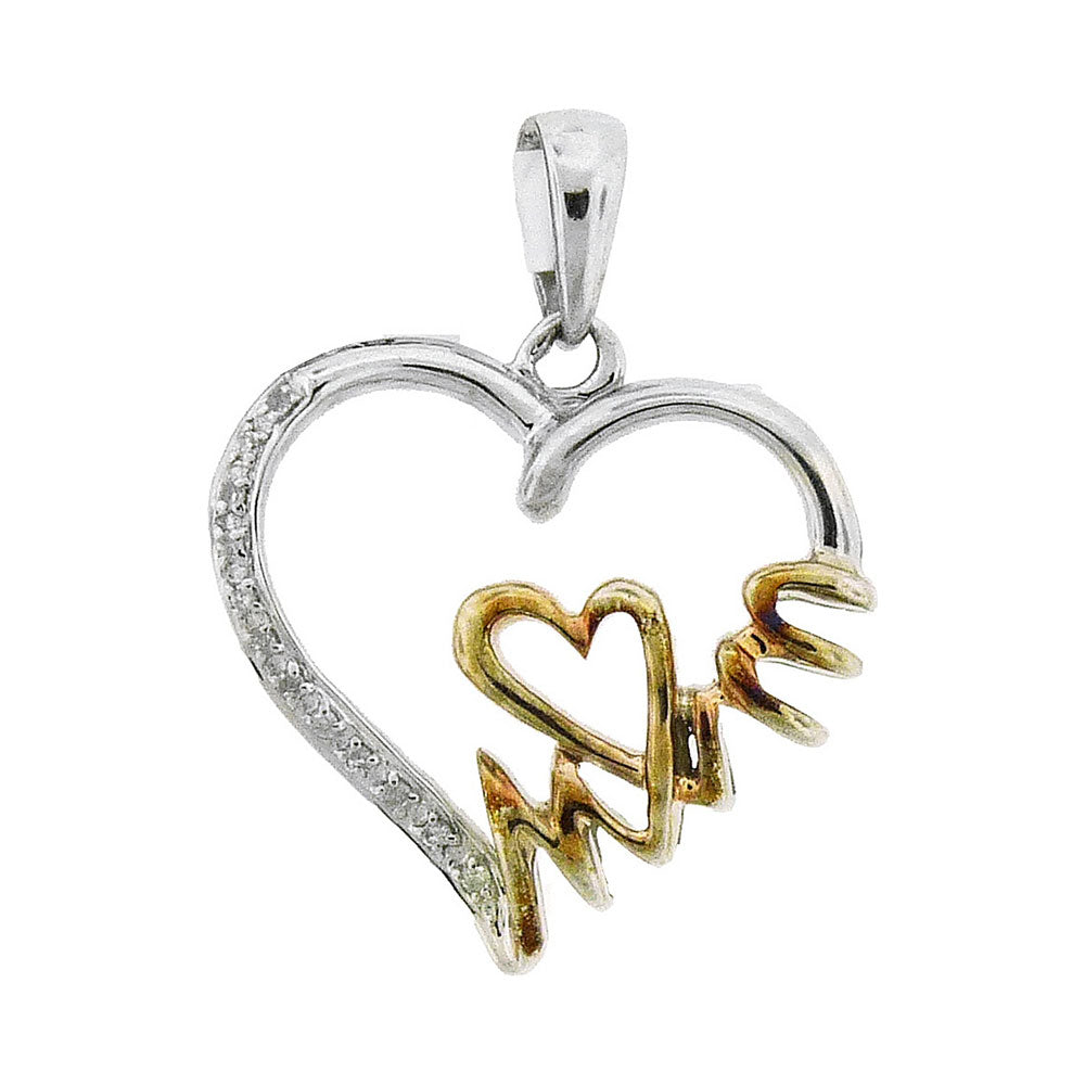 Sterling Silver & Gold Plated MOM Heart Pendant with Diamonds 1/20 Cttw