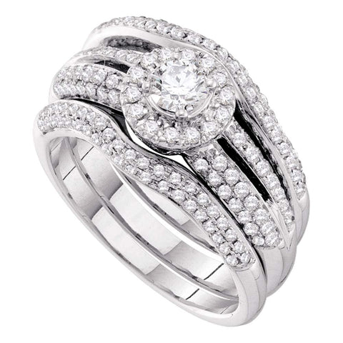 14kt White Gold Womens Round Diamond Halo Bridal Wedding Engagement Ring Band Set 1.00 Cttw