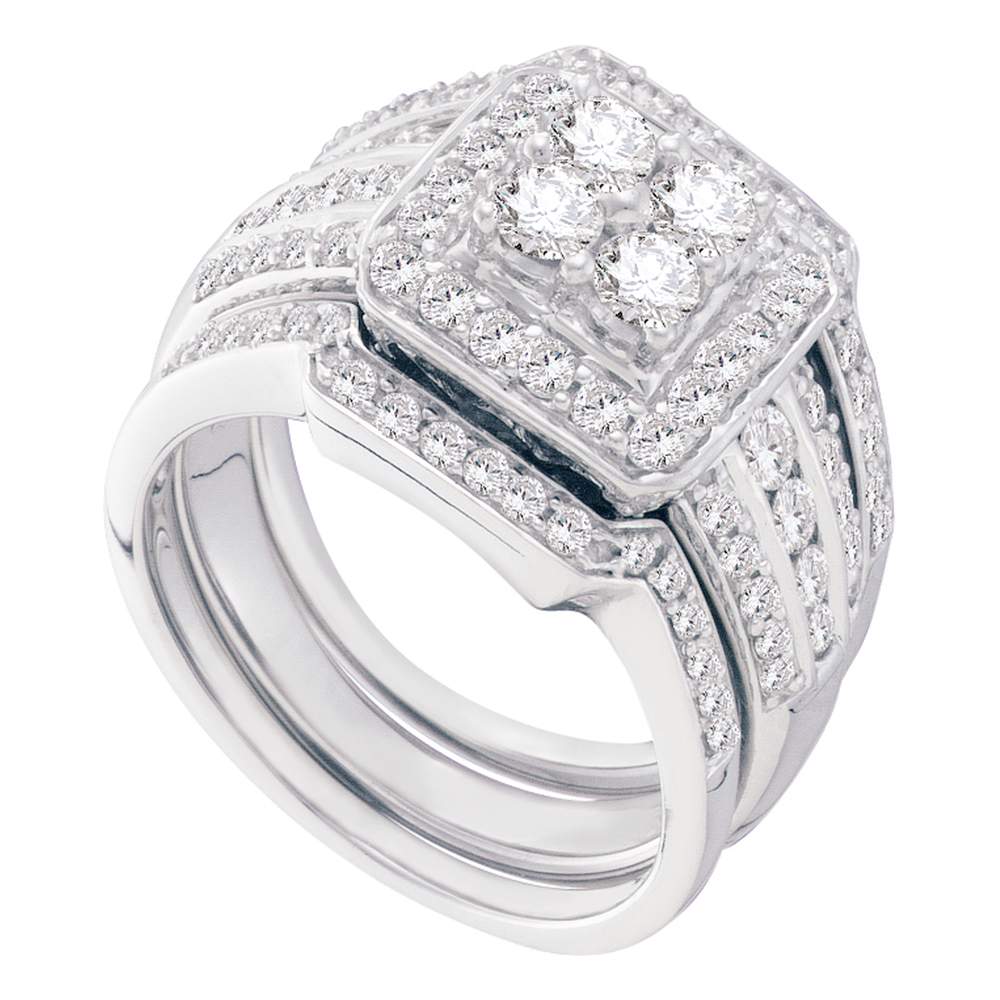 14kt White Gold Womens Round Diamond Halo 3-Piece Bridal Wedding Engagement Ring Band Set 1-1/2 Cttw