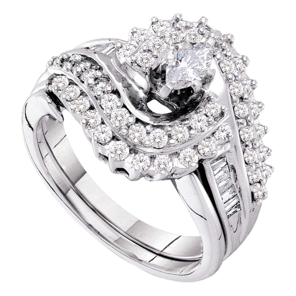 14kt White Gold Womens Marquise Diamond Bridal Wedding Engagement Ring Band Set 1-1/20 Cttw