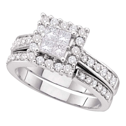 14kt White Gold Womens Princess Diamond Square Halo Bridal Wedding Engagement Ring Band Set 1.00 Cttw