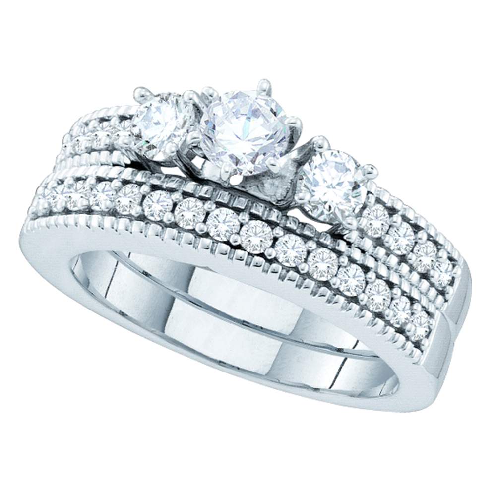 14kt White Gold Womens Round Diamond 3-Stone Bridal Wedding Engagement Ring Band Set 1.00 Cttw