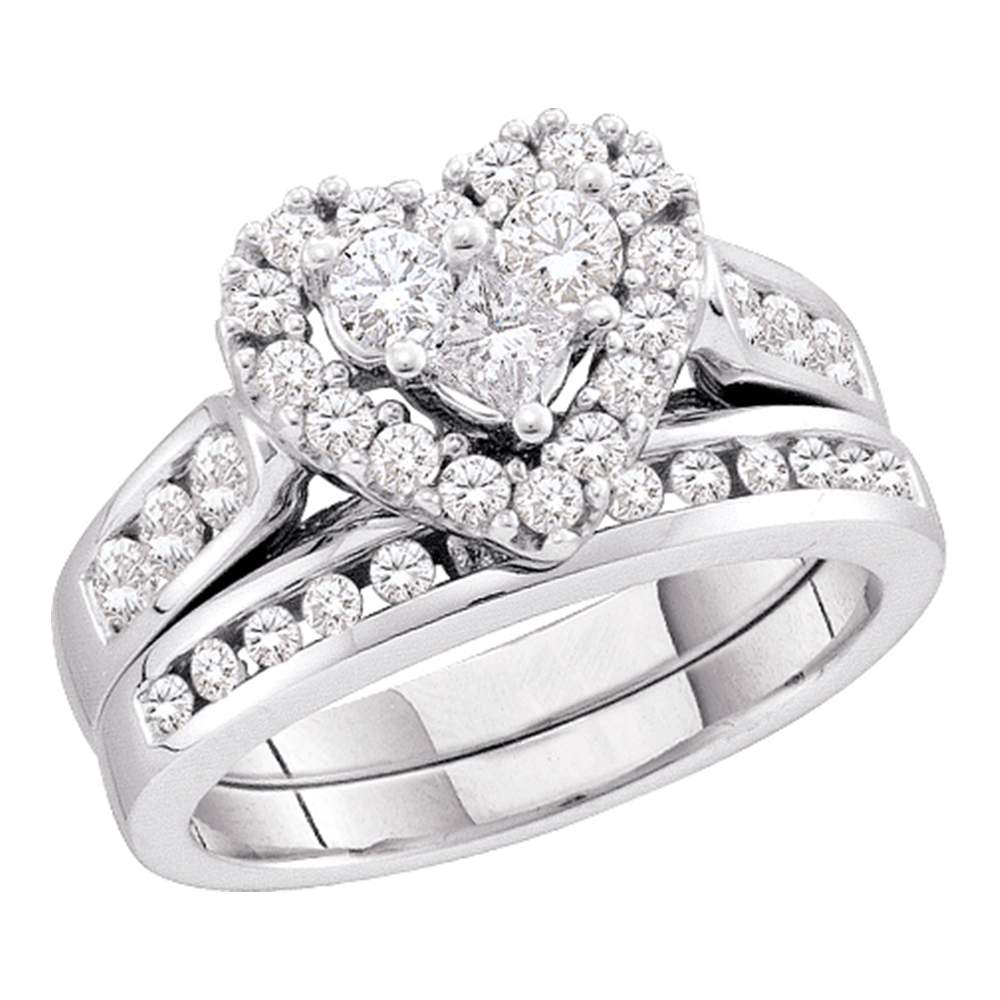 14kt White Gold Womens Princess Round Diamond Heart Bridal Wedding Engagement Ring Band Set 1.00 Cttw