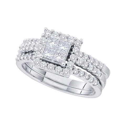 14kt White Gold Womens Princess Diamond Bridal Wedding Engagement Ring Band Set 1.00 Cttw