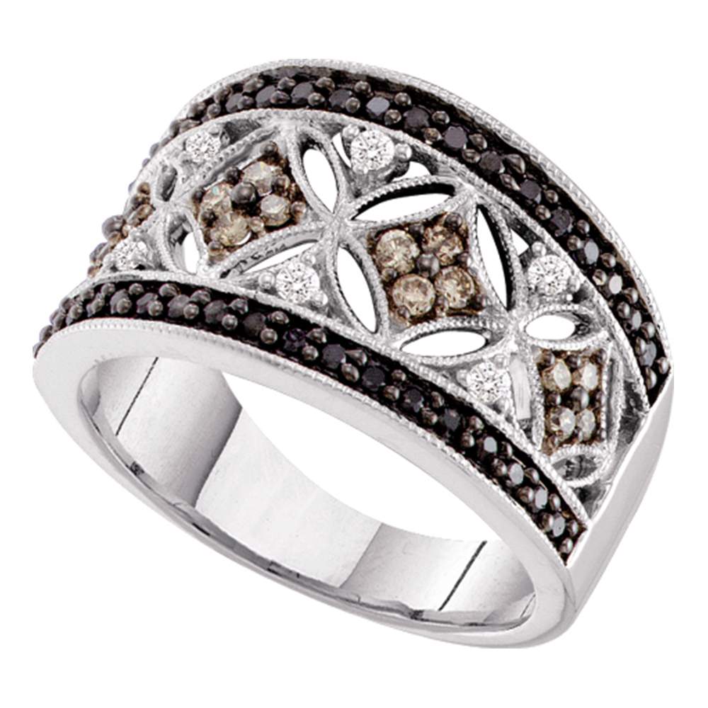 14kt White Gold Womens Round Black Cognac-brown Color Enhanced Diamond Band Ring 1/2 Cttw