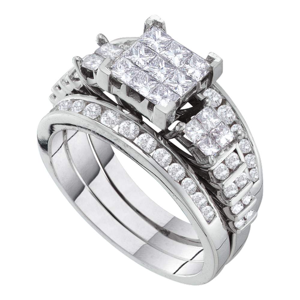14kt White Gold Womens Princess Diamond 3-Piece Bridal Wedding Engagement Ring Band Set 1-1/2 Cttw