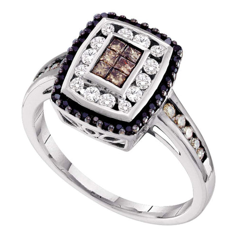 14kt White Gold Womens Princess Cognac-brown Black Color Enhanced Diamond Rectangle Cluster Ring 1/2 Cttw