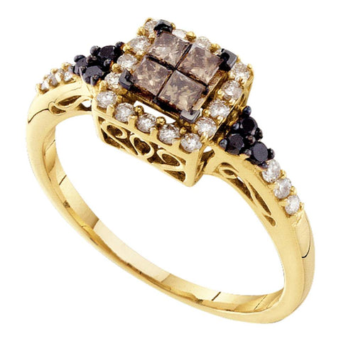 14kt Yellow Gold Womens Princess Cognac-brown Color Enhanced Diamond Cluster Ring 1/2 Cttw