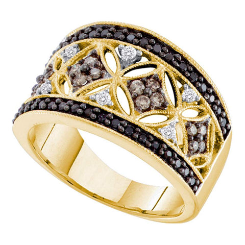 14kt Yellow Gold Womens Round Black Cognac-brown Color Enhanced Diamond Band Ring 1/2 Cttw