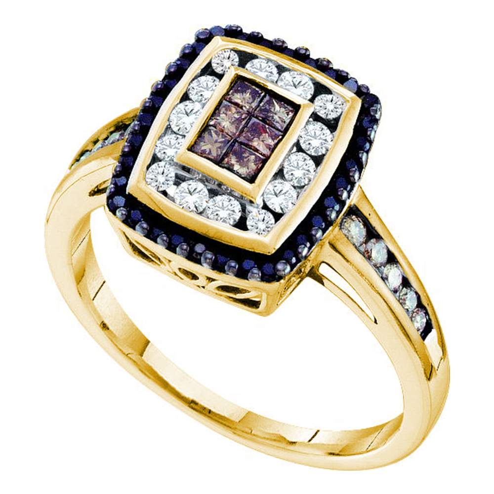 14kt Yellow Gold Womens Princess Cognac-brown Black Color Enhanced Diamond Cluster Ring 1/2 Cttw