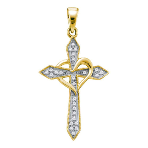 10K Gold Heart Cross Pendant with Diamond, Christian Theme 1/10 Cttw