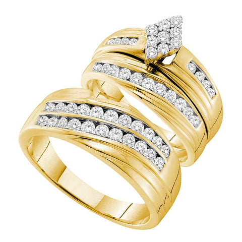 14kt Yellow Gold His & Hers Round Diamond Cluster Matching Bridal Wedding Ring Band Set 1-1/5 Cttw