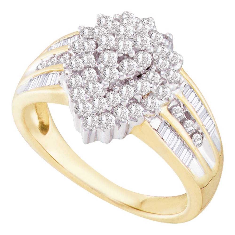 10kt Yellow Gold Womens Round Diamond Oval Cluster Baguette Accent Ring 1.00 Cttw