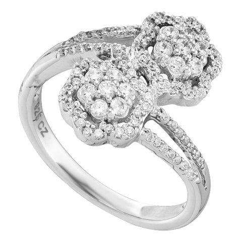 14kt White Gold Womens Round Diamond Double Bypass Flower Cluster Ring 1/2 Cttw