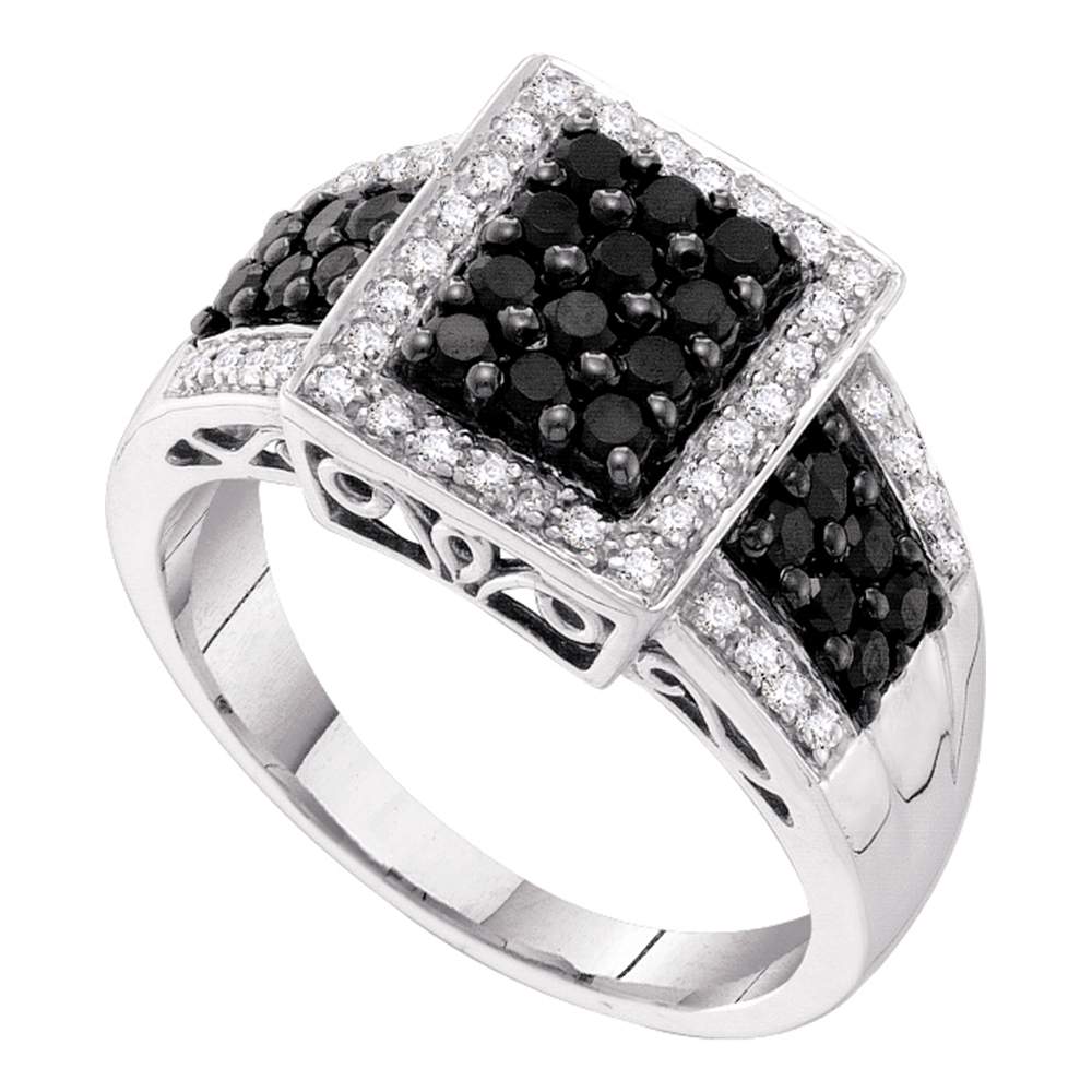 14kt White Gold Womens Round Black Color Enhanced Diamond Rectangle Cluster Ring 5/8 Cttw