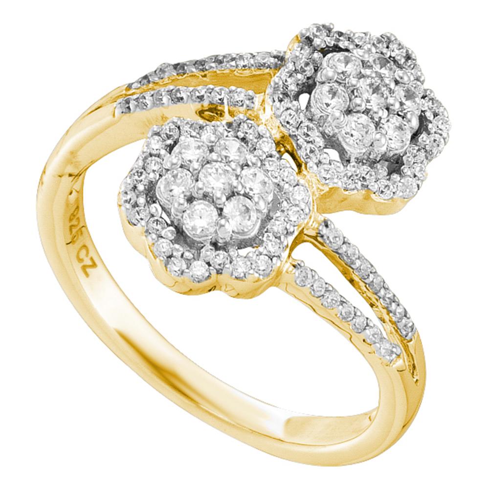 14kt Yellow Gold Womens Round Diamond Double Bypass Flower Cluster Ring 1/2 Cttw