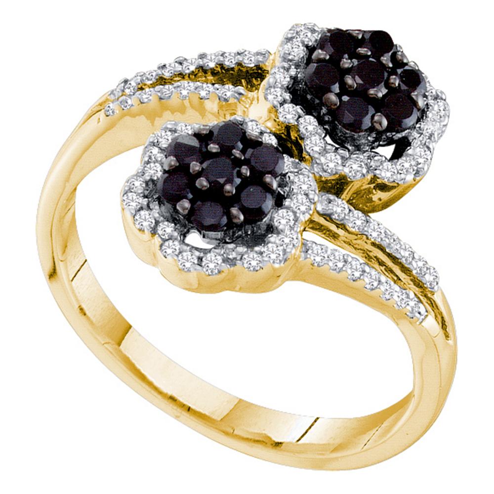 14kt Yellow Gold Womens Round Black Color Enhanced Diamond Flower Cluster Bypass Ring 1/2 Cttw