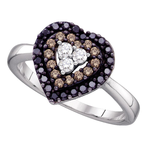 14kt White Gold Womens Round Black Color Enhanced Diamond Heart Love Ring 1/2 Cttw